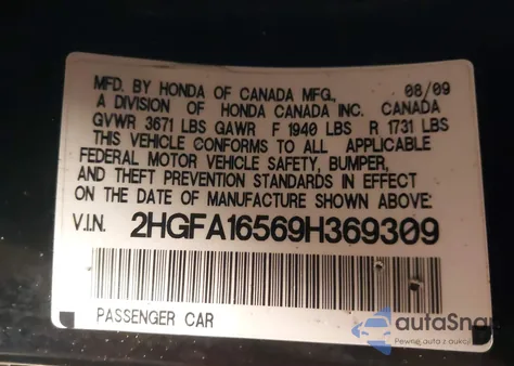 2009 Honda Civic Lx z USA, uszkodzony, nr VIN 2HGFA16569H369309